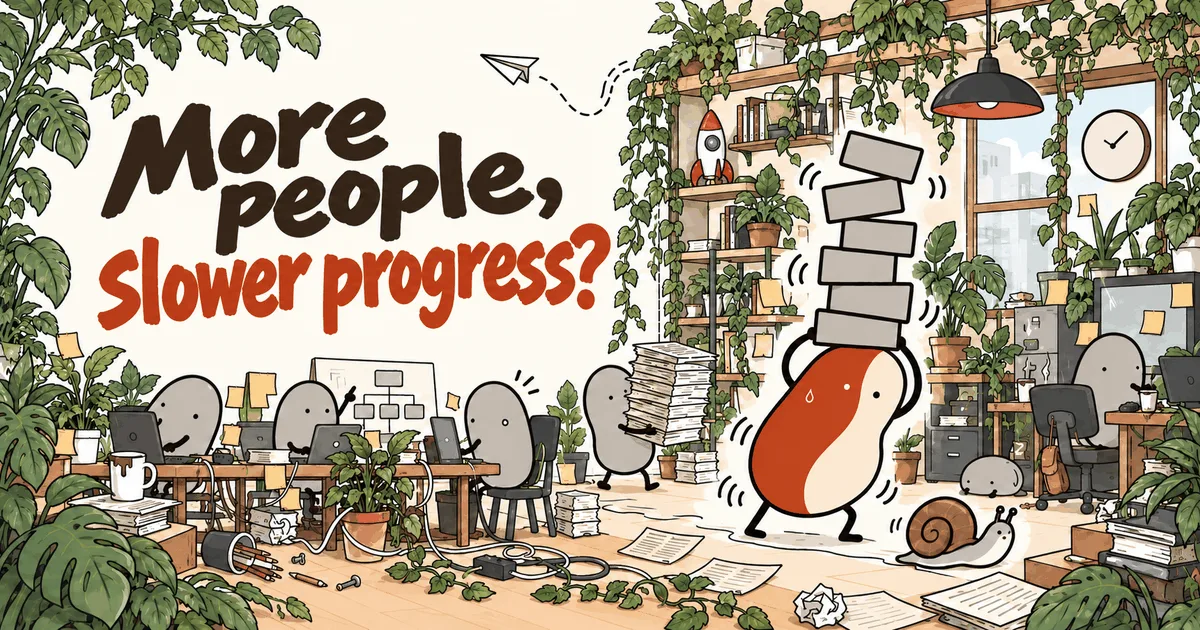 More people, slower progress? A founder struggles under a wobbling stack while a snail passes in a busy office