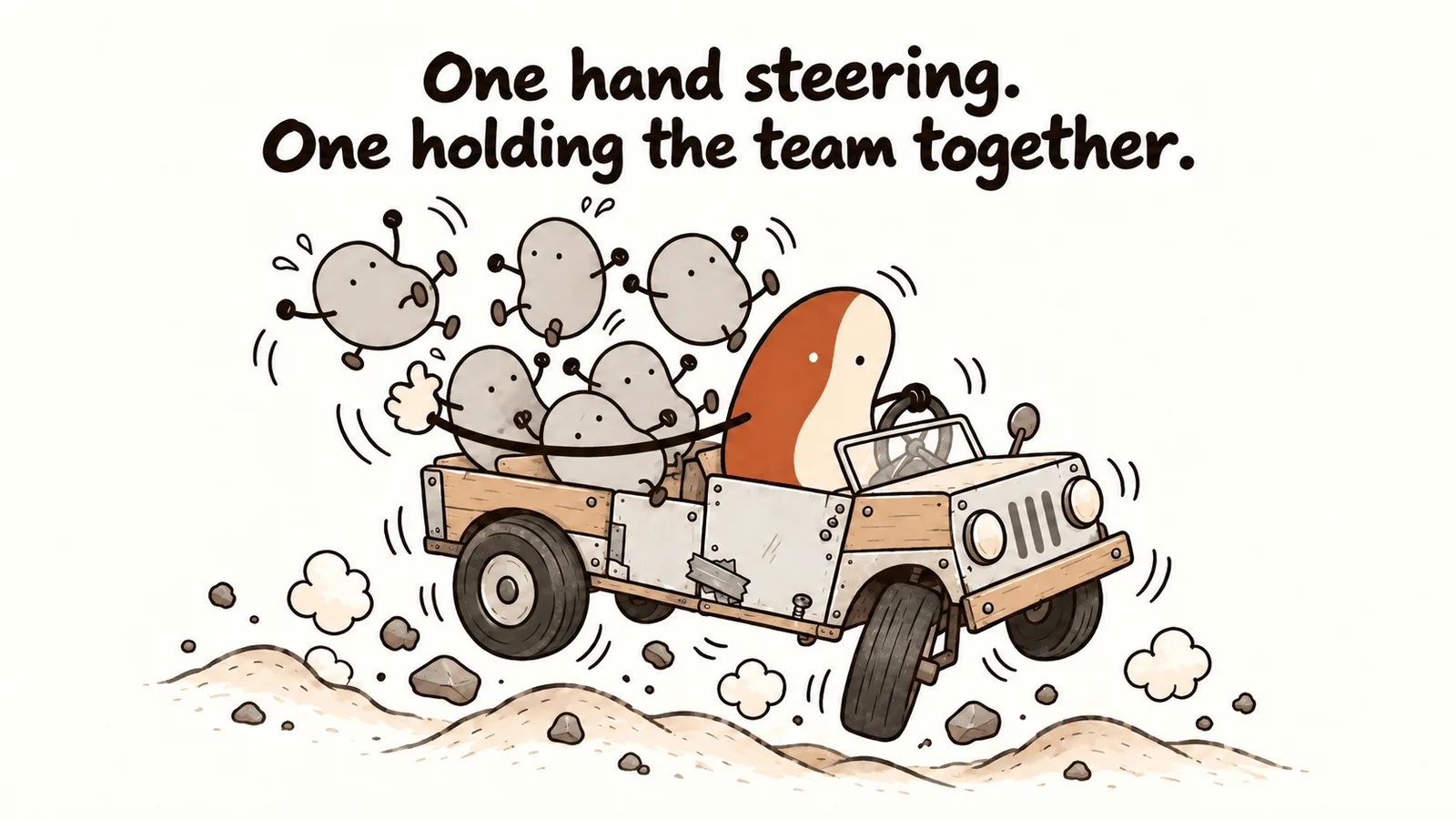The founder steers a rickety car with one hand and holds bouncing teammates together with the other