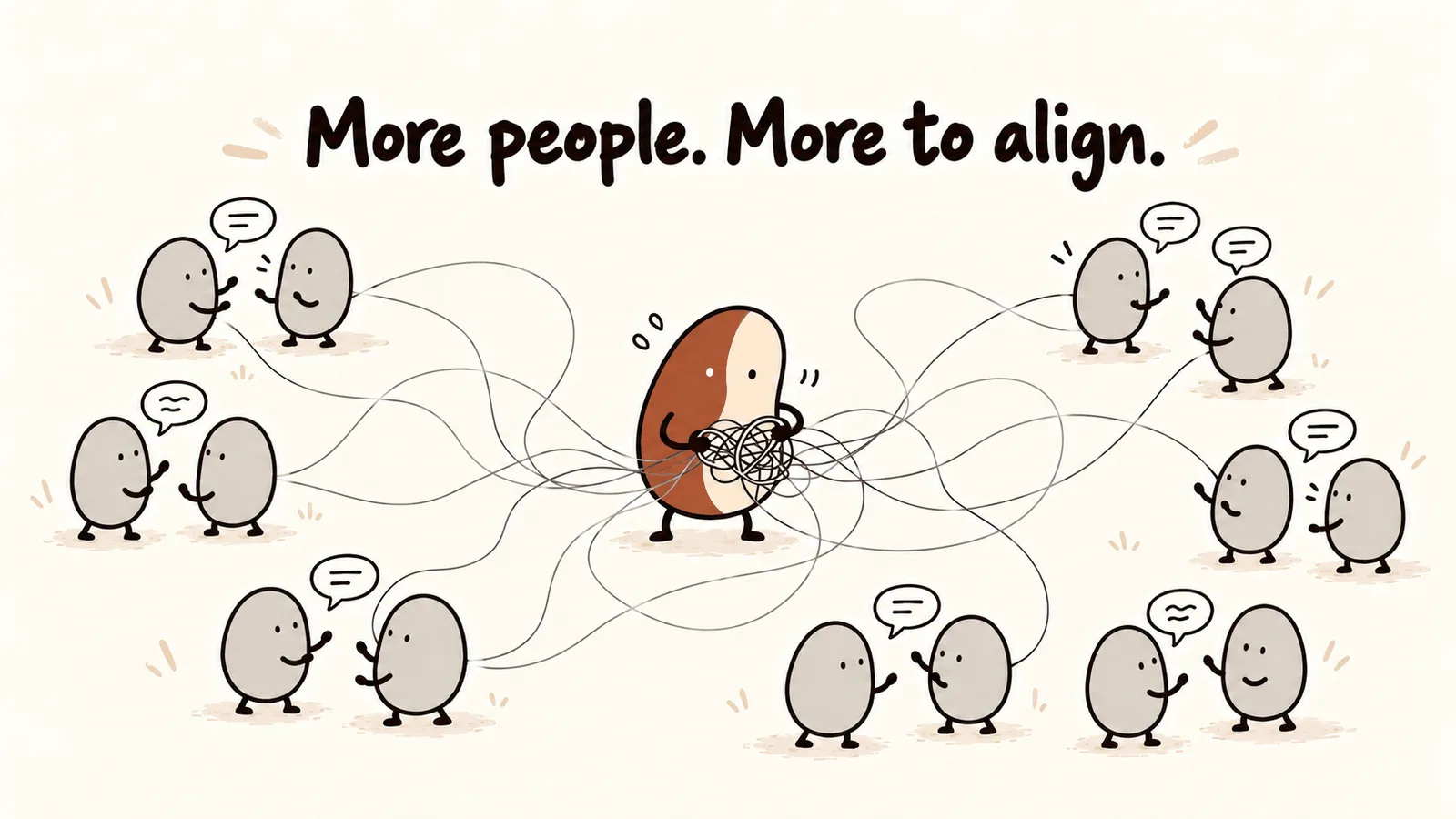 Conversations between teammates become a tangle of communication lines in the founder’s hands