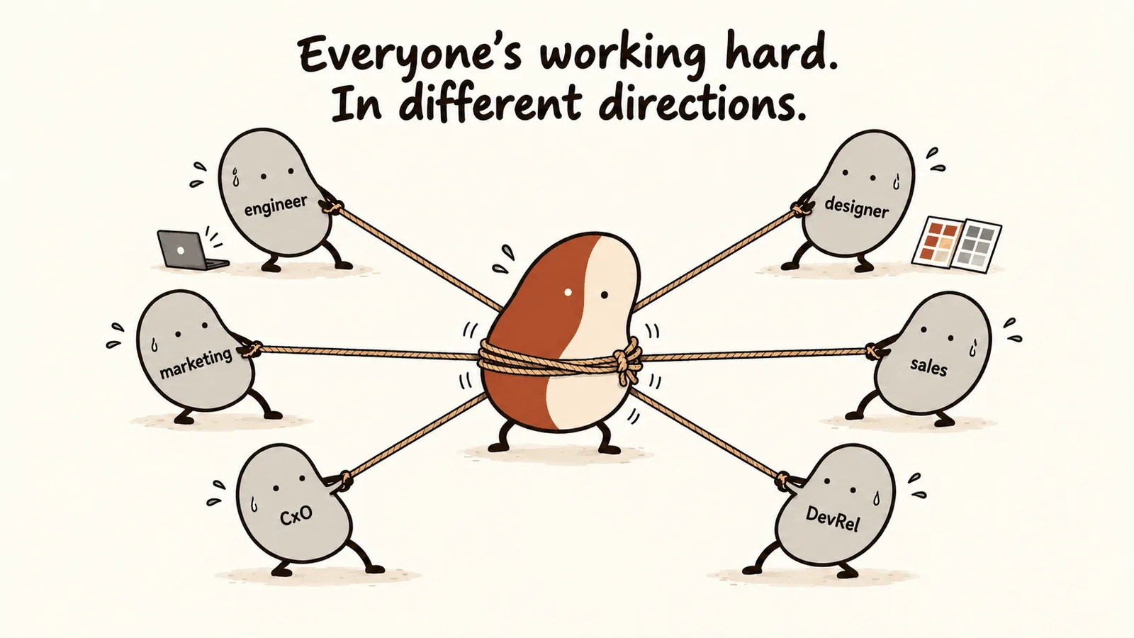 Six gray teammates pull the founder in different directions, leaving the team unable to move forward