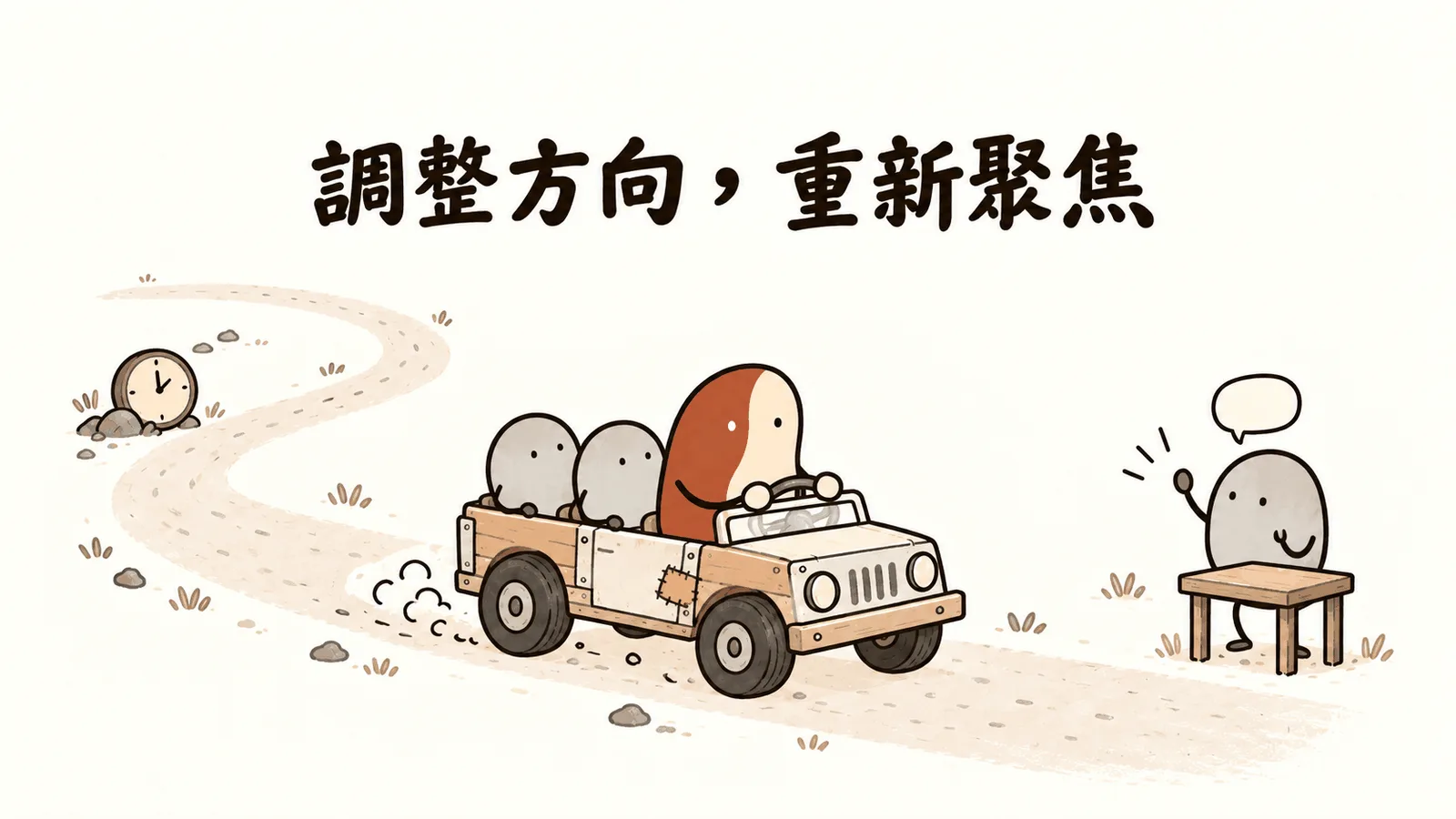 精簡後的團隊坐在穩定的小車上,轉向前方的客戶